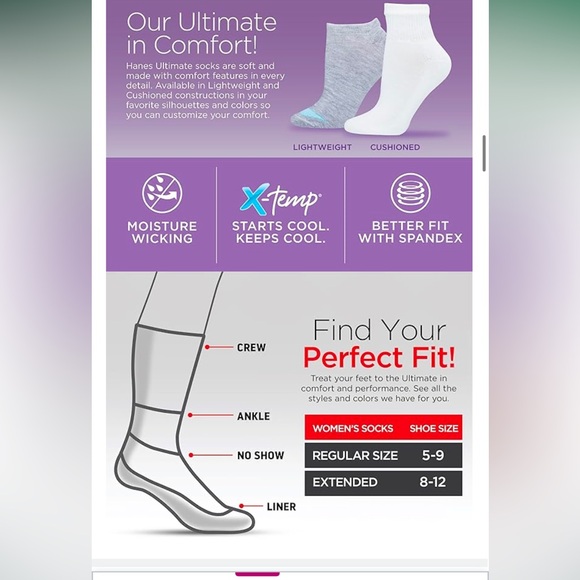 Hanes Ultimate Comfort Ankle Socks 6-Pack White NWTS - Picture 4 of 15